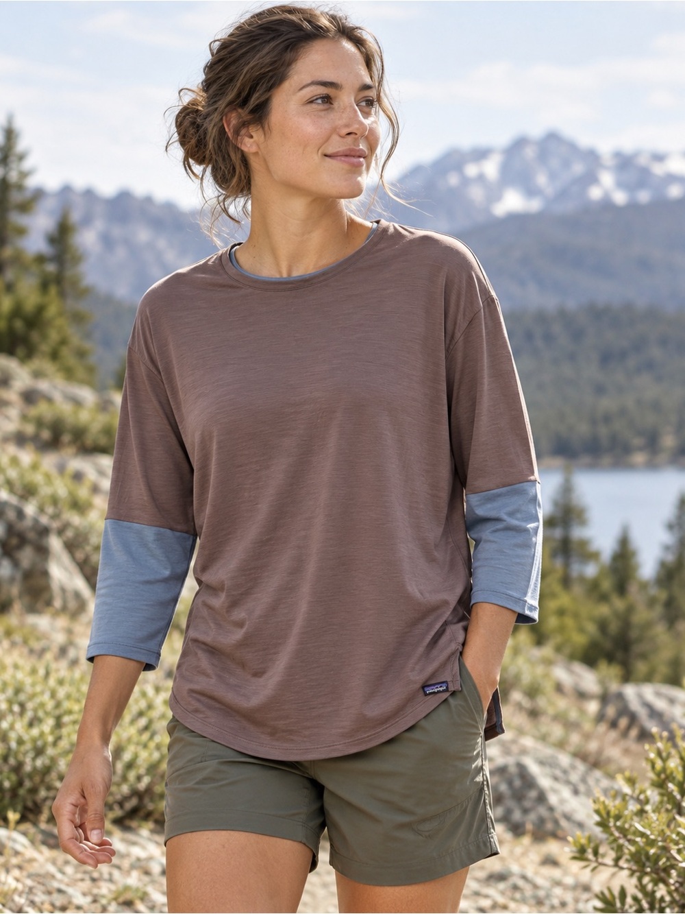 Patagonia Women’s Colorblock 3/4 Sleeve Top Brown Blue Outdoor Shirt